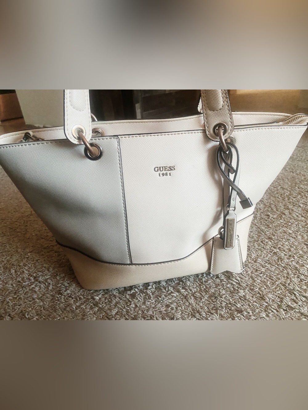 GUESS Cream Saffiano Shoulder Tote with Gold-Tone Charm